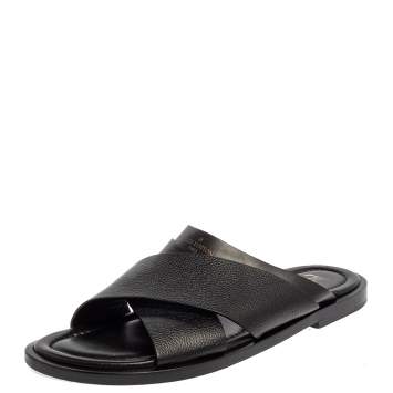 Pre Owned  Louis Vuitton Black Leather Foch Cross Strap Flat Slides Size 43