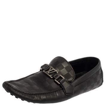 Pre Owned Louis Vuitton Black Leather Damier Infini Hockenheim Slip On Loafers Size 43