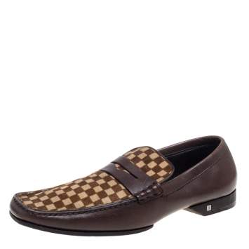 Pre Owned Louis Vuitton Brown/Beige Damier Sauvage Calf Hair And Leather Slip On Loafers Size 42