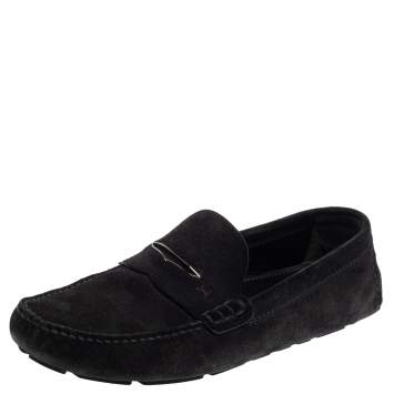 Pre Owned Louis Vuitton Dark Blue Damier Embossed Suede Shade Penny Loafers Size 43