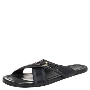 Pre Owned  Louis Vuitton Blue Fabric and Leather Hamptons Thong Sandals Size 45.5