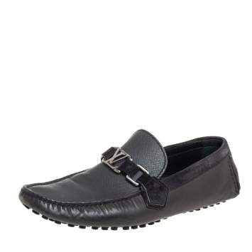 Pre Owned Louis Vuitton Dark Grey/Black Leather And Suede Hockenheim Slip On Loafers Size 40.5