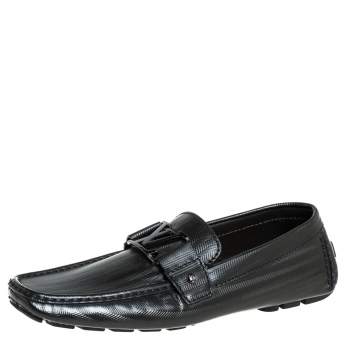 Pre Owned Louis Vuitton Black Textured Leather Monte Carlo Slip On Loafers Size 41.5 