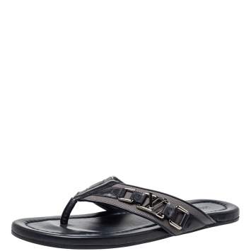 Pre Owned Louis Vuitton Dark Blue Leather And Canvas Hamptons Thong Sandals Size 41