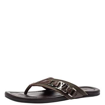 Pre Owned Louis Vuitton Brown Leather And Canvas Hamptons Thong Sandals Size 41.5