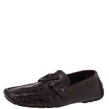Pre Owned Louis Vuitton Brown Crocodile Leather Monte Carlo Slip On Loafers Size 41.5