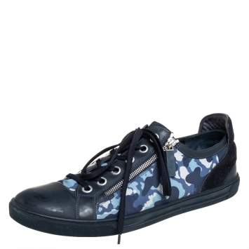 Pre Owned Louis Vuitton Blue Camouflage Nylon And Suede Cap Toe Low Top Sneakers Size 43.5
