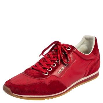 Pre Owned Louis Vuitton Red Suede And Nylon Low Top Sneakers Size 43.5