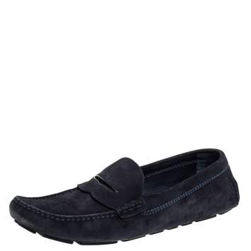 Pre Owned Louis Vuitton Navy Blue Damier Embossed Suede Penny Slip On Loafers Size 43