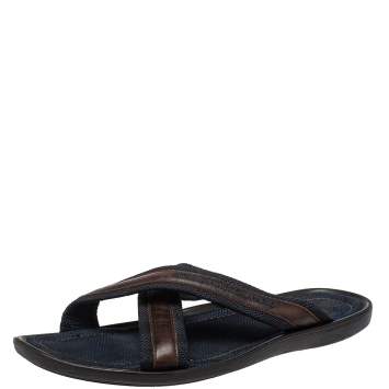 Pre Owned Louis Vuitton Blue/Brown Canvas And Leather Trim Cross Strap Flat Slides Size 45