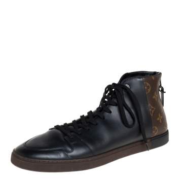 Pre Owned Louis Vuitton Black/Brown Leather And Monogram Canvas Line Up High Top Sneakers Size 42.5