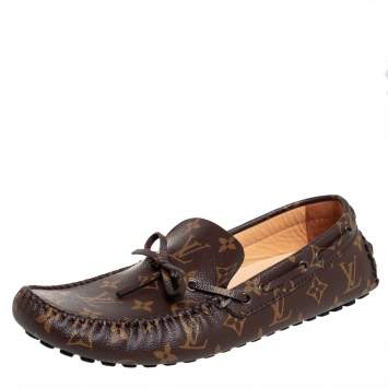 Pre Owned Louis Vuitton Brown/Beige Monogram Canvas Arizona Slip On Loafers Size 43.5
