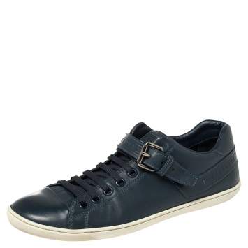Pre Owned Louis Vuitton Blue Leather Cap Toe Buckle Strap Lace Up Sneakers Size 42