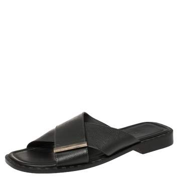 Pre Owned Louis Vuitton Black Taiga Leather Cross Strap Flat Slides Size 43.5 
