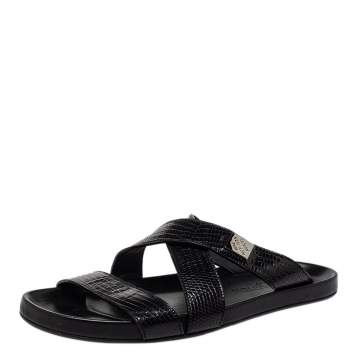 Pre Owned Louis Vuitton Black Embossed Leather Slip on Flat Sandals Size 41