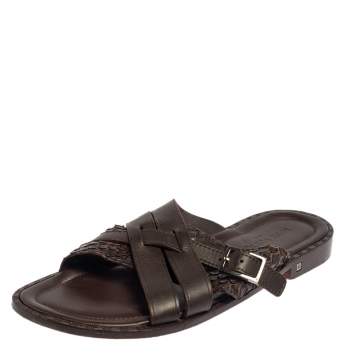Pre Owned Louis Vuitton Brown Python And Leather Criss-Cross Flat Sandals Size 45