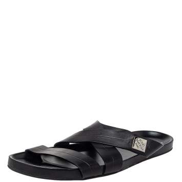 Pre Owned Louis Vuitton Black Leather Criss Cross Strap Flat Slide Sandals Size 43.5