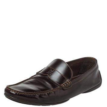 Pre Owned Louis Vuitton Dark Brown Leather Slip On Loafers Size 41