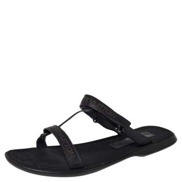 Pre Owned Louis Vuitton Black Leather Perforated Logo Slide Sandals Size 43