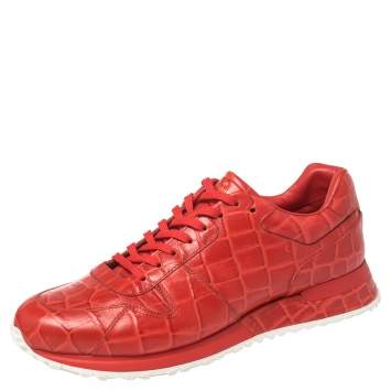 Pre Owned Louis Vuitton Red Croc Embossed Leather Run Away Low Top Sneakers Size 41.5