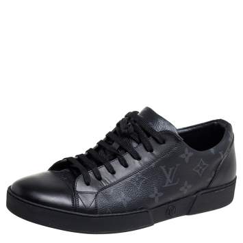 Pre Owned Louis Vuitton Black Leather and Monogram Eclipse Canvas Match Up Sneaker Size 41.5