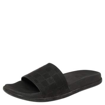Pre Owned Louis Vuitton Black Damier Embossed Rubber Waterfront Flat Slides Size 41.5