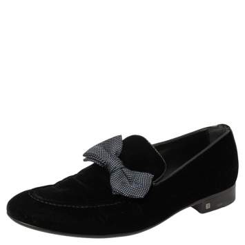 Pre Owned Louis Vuitton Deep Blue Velvet Tuxedo Bow Loafers Size 42