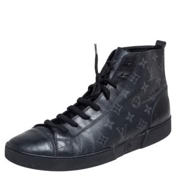 Pre Owned Louis Vuitton Black Leather and Monogram Eclipse Canvas Match Up High Top Sneakers Size 43