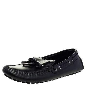 Pre Owned Louis Vuitton Black Leather Bow Slip On Loafers Size 43.5