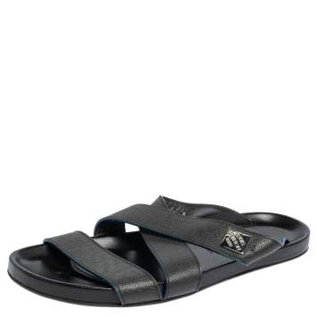 Pre Owned Louis Vuitton Black Leather Criss Cross Strap Flat Slide Sandals Size 40