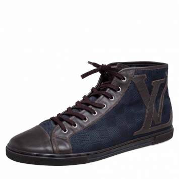 Pre Owned Louis Vuitton Brown/Blue Damier Ebene Canvas and Leather High Top Sneaker Size 44