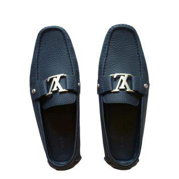 Pre Owned Louis Vuitton Dark Blue Textured Leather Montaigne Moccasins Size EU 42