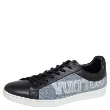 Pre Owned Louis Vuitton Black Leather and Black/Grey Terry Fabric Luxembourg Sneakers Size 42.5