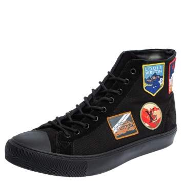 Pre Owned Louis Vuitton Black Suede and Canvas Tattoo Sneaker Boots Size 43