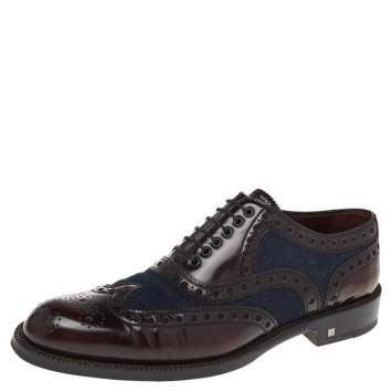 Pre Owned Louis Vuitton Burgundy Leather And Demin Lace Up Oxford Size 42.5
