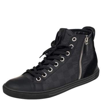 Pre Owned Louis Vuitton Black Damier Graphite And Suede Trim Zip Up High Top Sneakers 40.5 