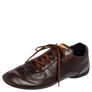 Pre Owned Louis Vuitton Brown Monogram Embossed Leather Lace Up Sneakers Size 43.5 
