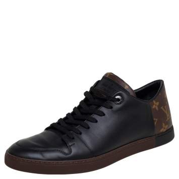 Pre Owned Louis Vuitton Black Leather And Monogram Canvas Line Up Low Top Sneakers Size 41