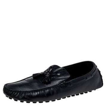 Pre Owned Louis Vuitton Black Damier Embossed Leather Logo Bow Slip On Loafers Size 42 