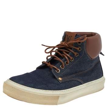 Pre Owned Louis Vuitton Blue/Brown Denim & Leather High Top Sneakers Size 41