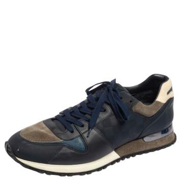 Pre Owned Louis Vuitton Navy Blue/Grey Suede and Damier Embossed Leather Run Away Sneakers Size 45
