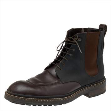 Pre Owned Louis Vuitton Brown/Black Leather And Canvas Lace Up Ankle Boots Size 41.5