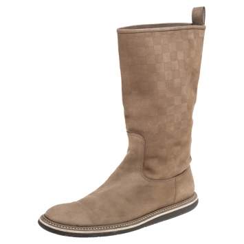 Pre Owned Louis Vuitton Beige Damier Suede Mid Calf Boots Size 42.5