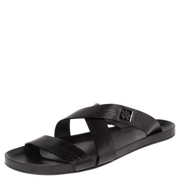 Pre Owned Louis Vuitton Black Leather Criss Cross Strap Flat Slide Sandals Size 45