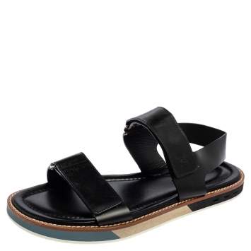 Pre Owned Louis Vuitton Black Leather Velcro Strap Flat Sandals Size 44.5