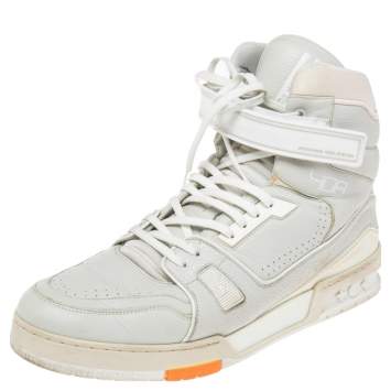 Pre Owned Louis Vuitton White/Grey Leather LV Trainer High Top Sneakers Size 45