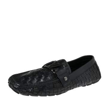 Pre Owned Louis Vuitton Black Woven Leather Monte Carlo Loafers Size 40.5