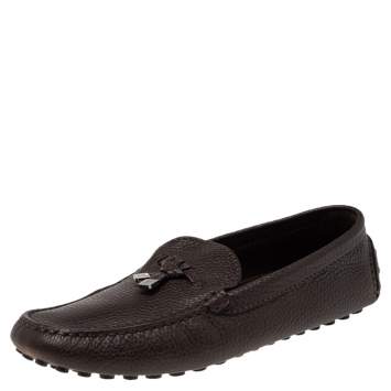 Pre Owned Louis Vuitton Brown Leather Logo Bow Slip On Loafers Size 41