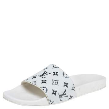 Pre Owned Louis Vuitton White Rubber Monogram Waterfront Slide Sandals Size 45