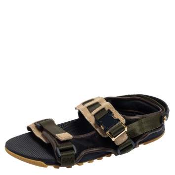 Pre Owned Louis Vuitton Green/Black Suede and Fabric Velcro Sandals Size 42